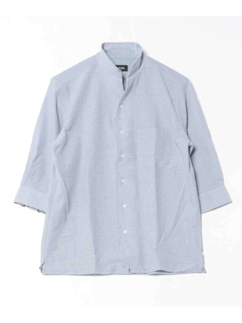 【SALE／50%OFF】カラミ織風サッカー七分袖スタンドカラーシャツ MEN'S BIGI メンズ ビギ トップス シャツ・ブラウス グリーン ブルー ブラック ネイビー【RBA_E】【送料無料】[ Fashion]｜MENS BIGI／メンズビギ