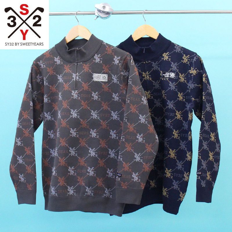 貨物輸送無料 SY32 by SWEET YEARS ゴルフ御召しもの メンズ 編み物 プルオーバー トップス 長袖 総柄ロゴタイプ ハーフジップ ブランド名 今めかしい 秋冬