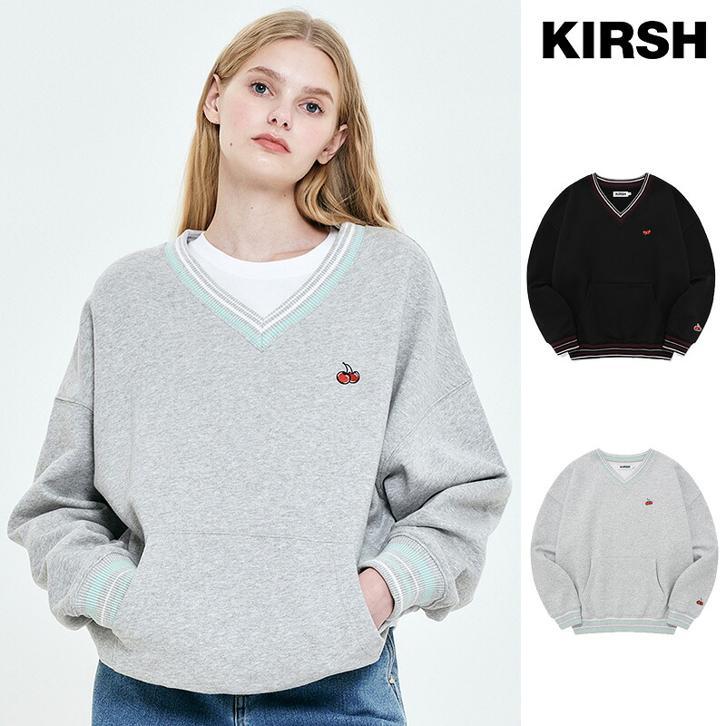 KIRSH SMALL CHERRY V-NECK NAPPING SWEATSHIRT キルシー Vネックスウェット/全2色 韓国ブランド名 韓国系 トップス 調教師 ティーシャツ 桜んぼう さくらんぼ レディース