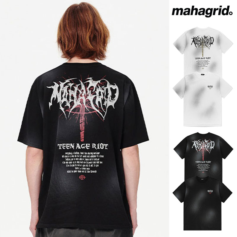 【正規品】[国内発送] mahagrid マハグリッド スローガンウォッシュド 半袖Tシャツ TEEN AGE RIOT WASHED TEE/全2色 韓国ブランド 韓国ファッション Tシャツ 半袖Tシャツ 半袖T プリント クルーネック トップス ブラック ホワイト ピグメント