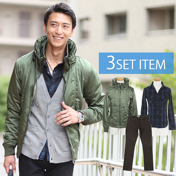 楽天市場 カーキジャケット 青チェックシャツ 黒パンツの3点コーデセット 187 Menz Style メンズスタイル