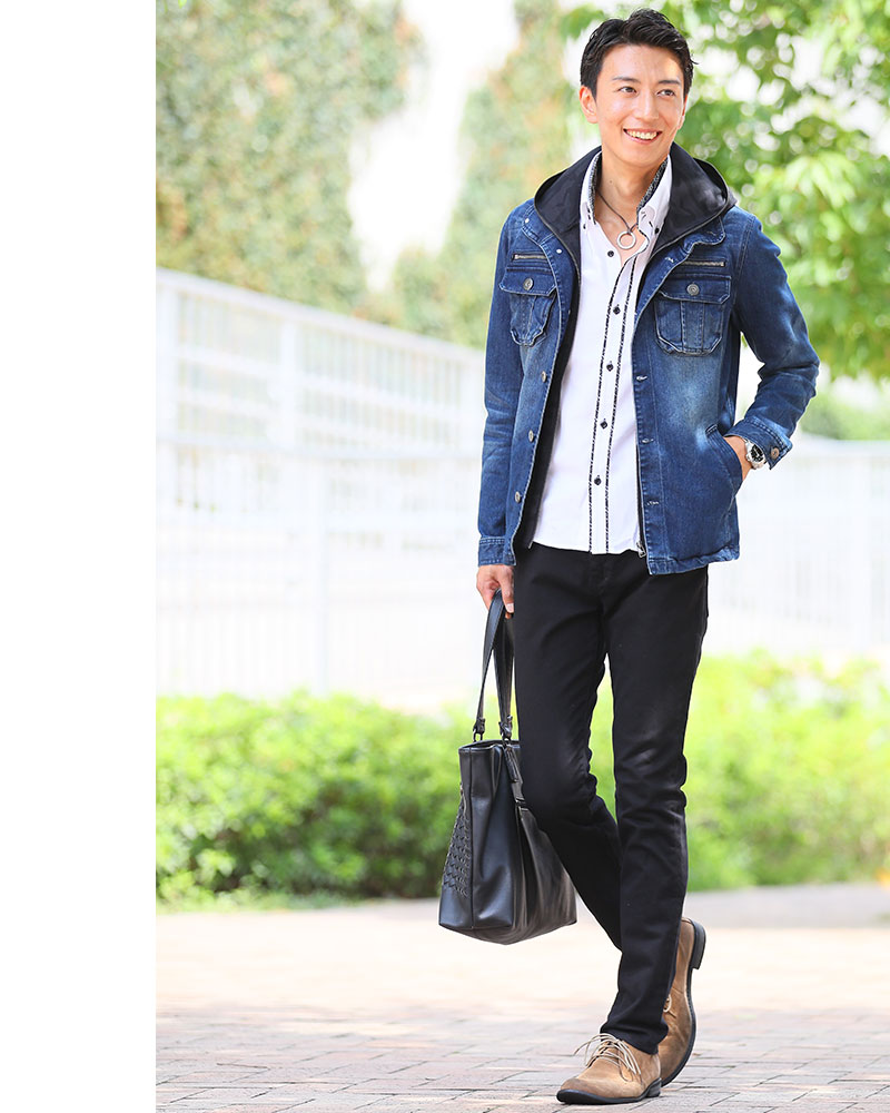 楽天市場 アウターセット インディゴジャケット 白シャツ 黒パンツ3点コーデセット 18 Menz Style メンズスタイル