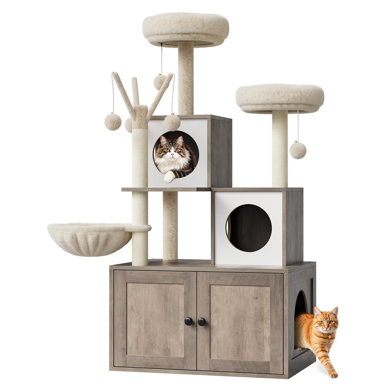 【新発売】キャットタワー 猫幼児用便器納める一体型 多役立つことキャットハウス 爪とぎ極点付き添い人 隠せる猫幼児用便器 木製 大型猫相応う ハンモック 見晴らし台付き添い人 省空白文字 猫調度品 薄墨色 白いこと