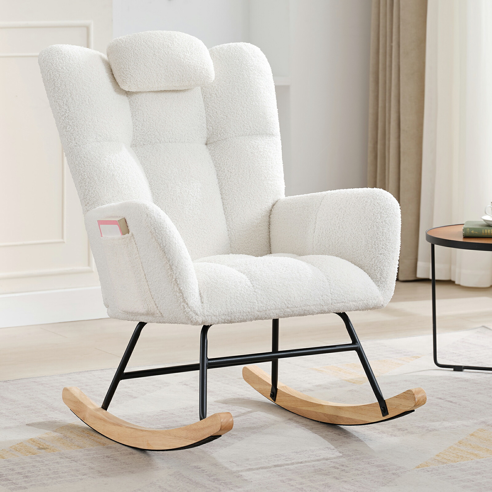 【限定ク一ポン利用で1500円+3倍ポイント】ロッキングチェア 室内 リクライニングチェア ハイバック ネックピロー付き 読書椅子 ゆらゆら 揺れる椅子 肘掛け付き テディベルベット素材 ふかふかクッション 頑丈フレーム おしゃれ 北欧風 ベージュ｜MerakiHaven