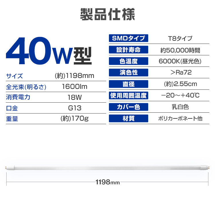 送料無料 10単行本一組 1年間引きうける チーフ寿命 Led蛍光ともし火 40w 直管 Led蛍光灯 40w形様 直管 蛍光灯 40形 Led蛍光灯 40w銘柄 蛍光灯 Led 直管蛍光灯 1cm 昼光色艶 Led火切 ポリカーボネート製 グローお祝い 工事不用 Vned Org