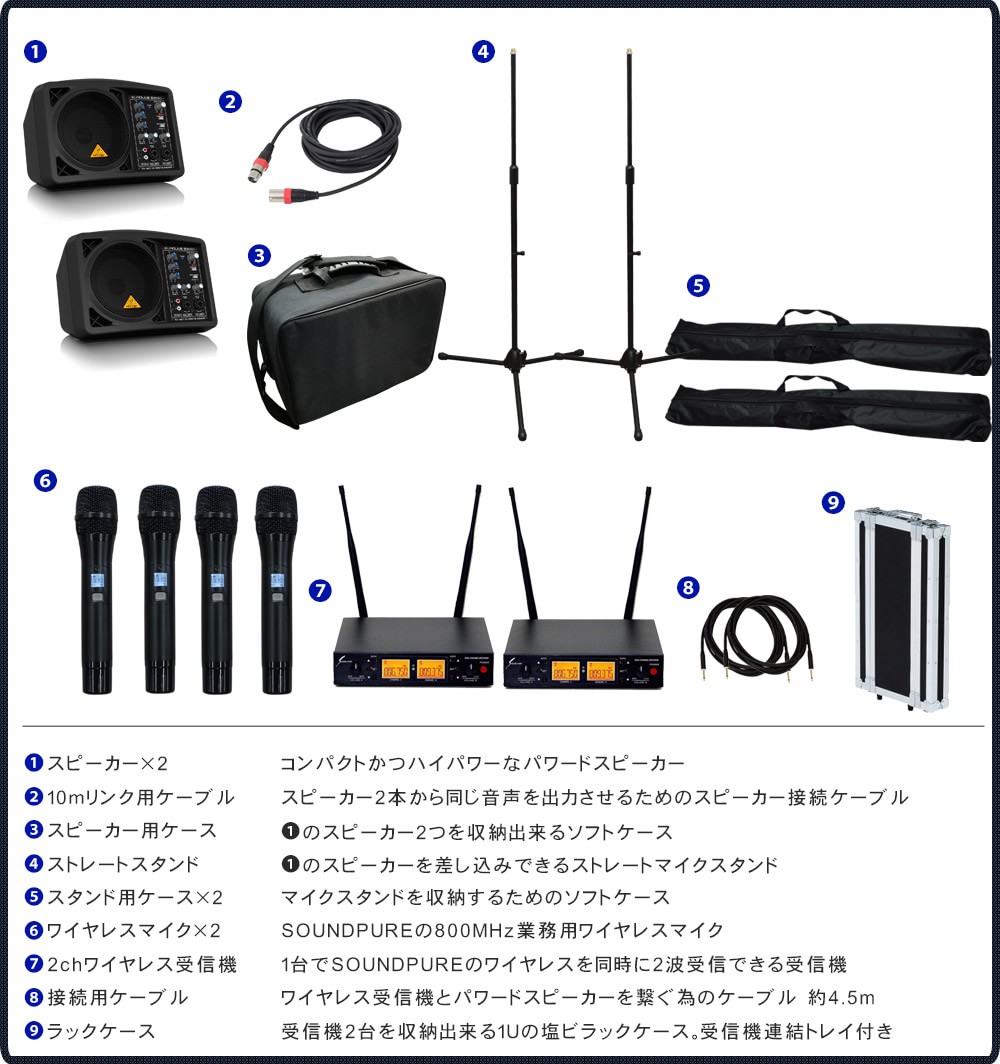 低廉 ワイヤレスマイク4本 簡易ＰＡセット 小型スピーカー ベリンガー