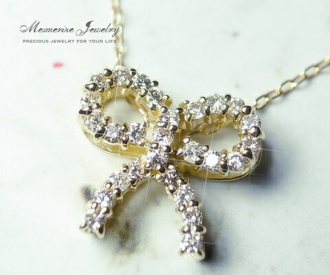 天然 ダイヤ 0.216ct パヴェ リボン ネックレス K18 ゴールド各色 ペンダント ダイヤモンド 27石 0.216カラット 18K 18金 ホワイト イエロー ピンク YG WG PG 小豆チェーン 45cm 4月誕生石 記念日 ギフト ブライダル 品質保証書付|Me RIZE