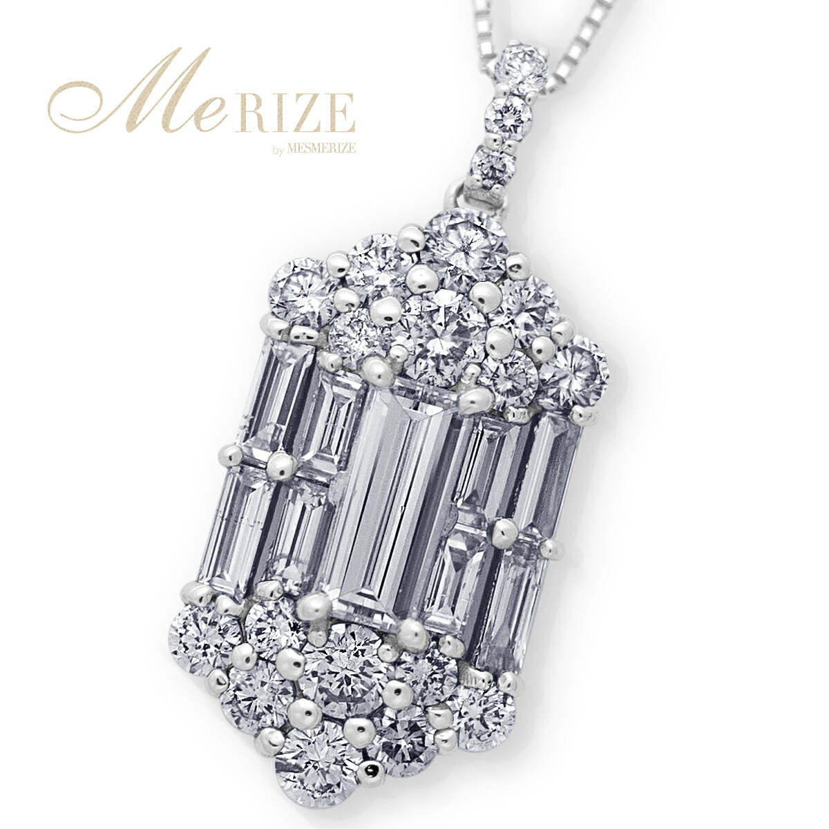 天然 大粒 ダイヤ 1.3ct パヴェ ネックレス プラチナ pt900 K18 ゴールド各色 ペンダント 18金 18K ホワイト イエロー ピンク YG WG PG バゲットカット ＆ ラウンド コンビ ダイヤモンド 1.3カラット 28石 ベネチアンチェーン 45cm 4月誕生石 バケット 品質保証書付｜Me RIZE