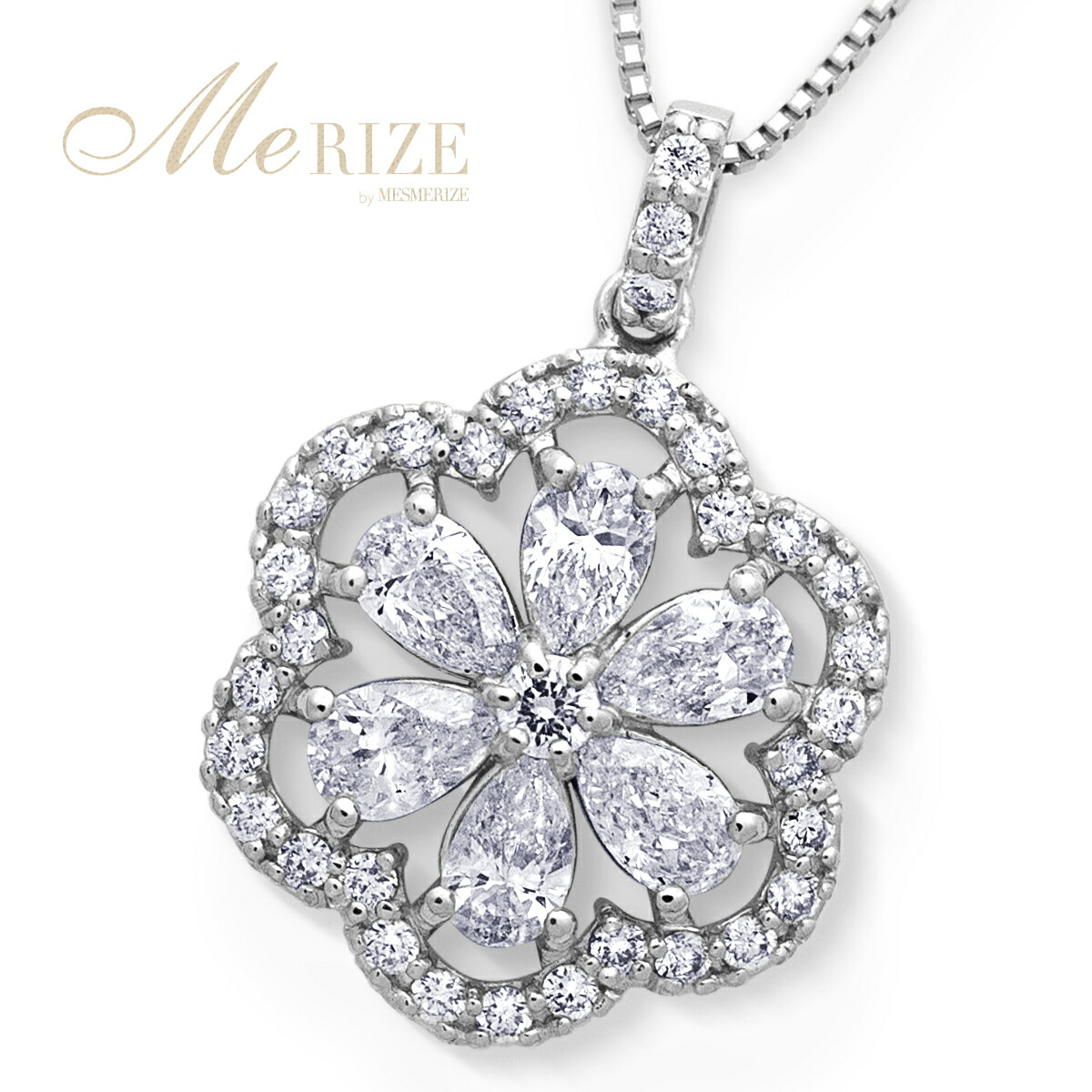 天然ダイヤモンド 0.7ct パヴェ フラワー ネックレス ペアシェイプ, ラウンド ミックスカット プラチナ pt900 K18 ゴールド各色 （WG/YG/PG）花 ペンダント ダイヤ 0.7カラット 18金 ベネチアンチェーン 45cm 4月誕生石 ブライダル 品質保証書付