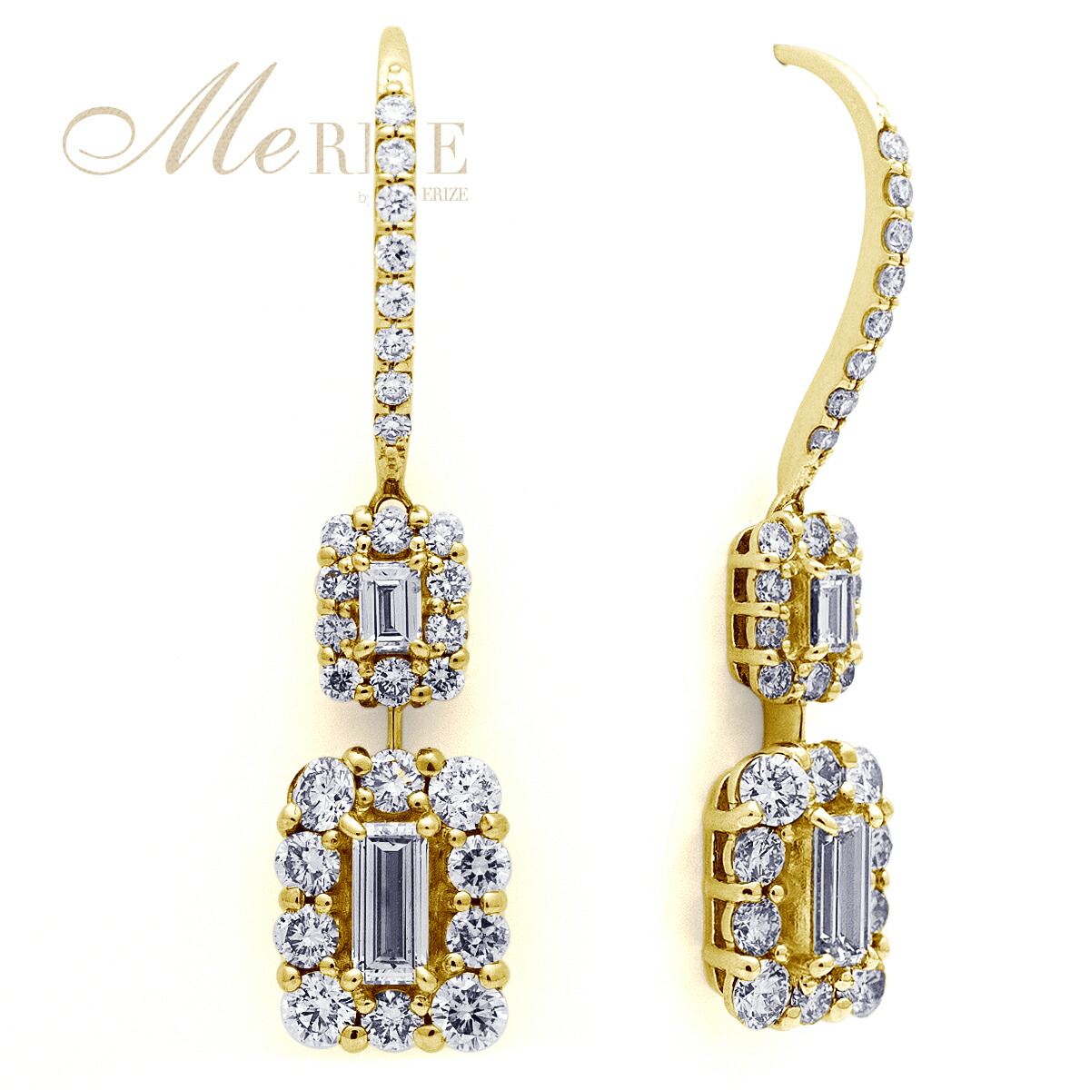 天然 ダイヤ 1.3ct パヴェ フック ピアス ペア プラチナ pt900 K18 ゴールド各色 揺れる ブラタイプ バゲットカット ラウンド コンビ 上質ダイヤモンド 1.3カラット 四角長方形 スクエア 18K 18金 ホワイト イエロー ピンク 4月誕生石 一粒ジュエリー ブライダル品質保証書付