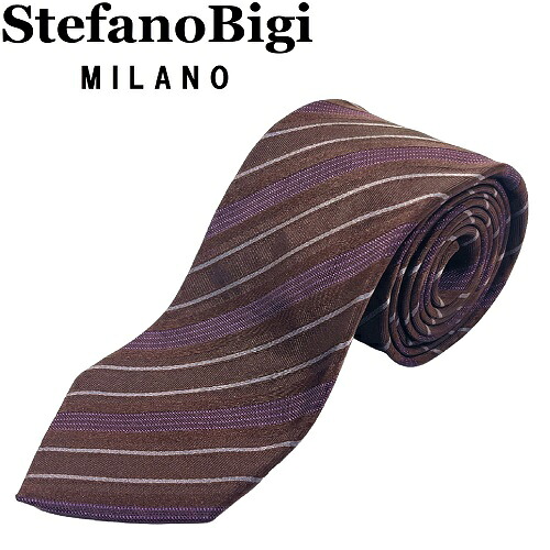 【新品◆イタリア製】STEFANO BIGI ステファノビジ シルク ネクタイ ストライプ ダークブラウン パープル グレー 焦げ茶 紫 19｜ブランド販売 MEVIUS店 9,489円