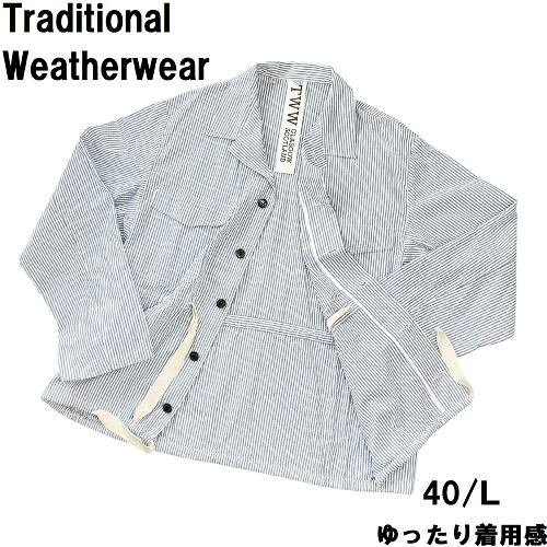 【未使用／訳あり】Traditional Weatherwearトラディショナルウェザーウェアシアサッカー生地 シャツジャケットブルー 青 ホワイト 白 40 L相当ゆったりサイズ　ロンドンストライプミリタリージャケット ブルゾン｜ブランド販売 MEVIUS店