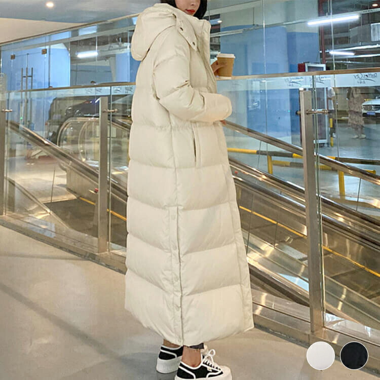 ダウンコートレディース韓国ロングコートダウンベンチコートコートアウターフード付きロングあったかいスポーツ厚手おしゃれゆったりロング丈冬ホワイト白ブラック黒