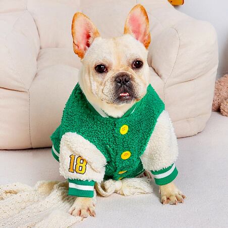 犬服 スタジャン ジャケット 秋冬 おしゃれ スポーツ風 パーカー 防寒 フレンチブルドッグ トイプードル チワワ ダックス 小型犬 中型犬 18番デザイン ペットウェア 犬用 洋服 グリーン