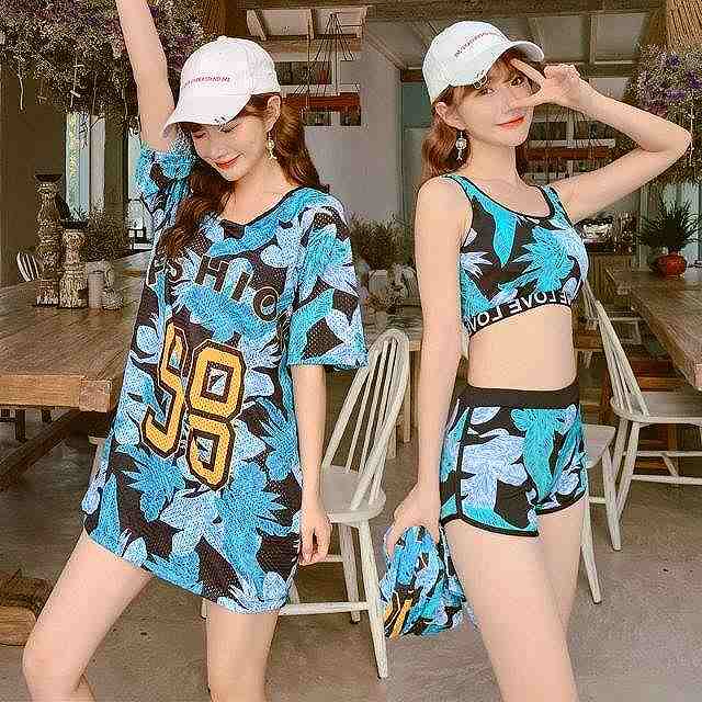 水着 レディース ビキニ タンキニ 海 プール 温泉 夏 学生 体型カバー スリーピース セット 水20 水30 かわ大 ロゴ メッシュ ボタニカル柄 リーフ柄 3点セット