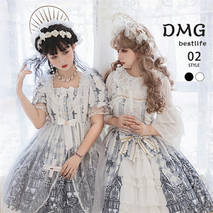 ロリータ ワンピース ロリィタ ドレス クラロリ ワンピース ロリータドレス ミディアム JSK OP フレア チュール クラロリ 姫様 ワンピ ボウタイ フリル 姫系 半袖 レース 甘ロリ リボン レディース 姫ロリ ドール Lolita かわいい コスプレ イベント 撮影 レディース 黒白