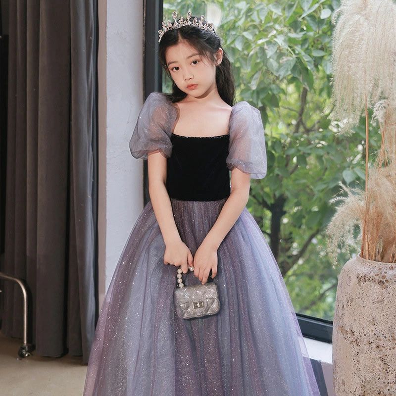 女児ドレス 演奏会ドレス 子どもドレス ロングドレス ベロア 子供ドレス フォーマル リボン 紫色 可愛い ベルベット 100~160cm パープル チュール キッズドレス ピアノ発表会 女の子ドレス ピアノ発表会ドレス
