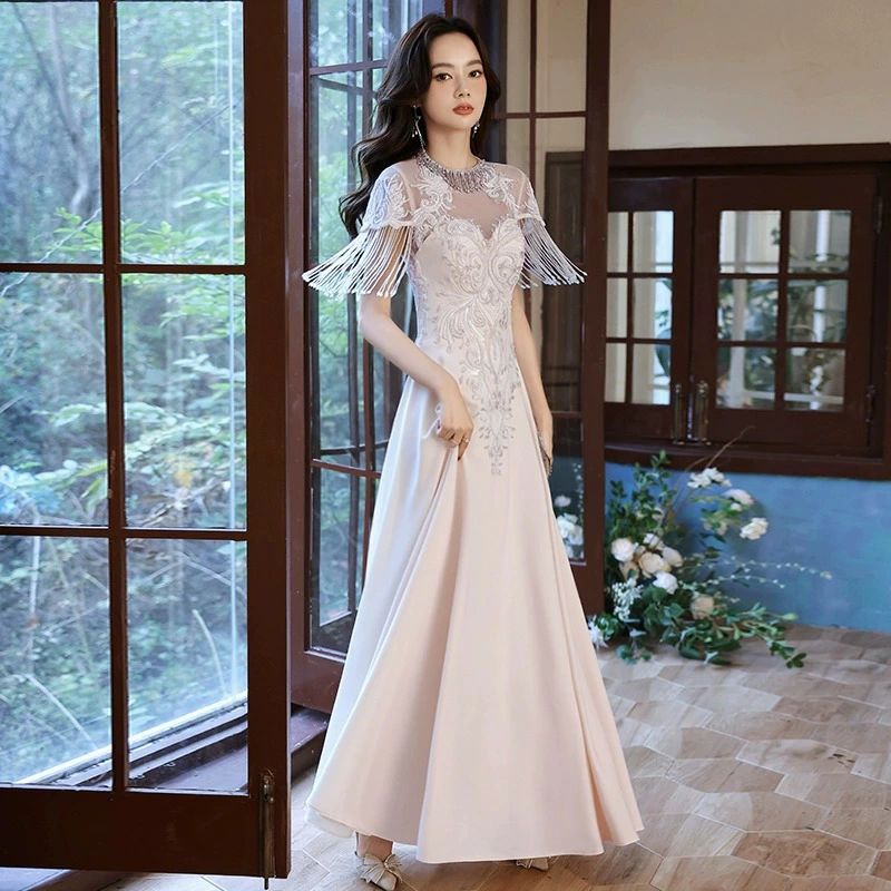 イブニングドレス 可愛い ミモレ丈ドレス フリンジ Aライン ドレス L ロングドレス 結婚式ドレス 二次会ドレス XS ラインストーン M 発表会ドレス サテン パーティードレス XL XXL オシャレ S ビーズ シャンパン色 6,621円