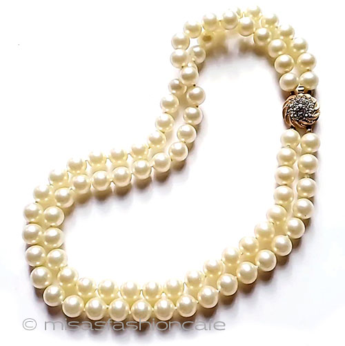 Trifari トリファリ パール2連お花金具 ネックレス Vintage necklace ・ヴィンテージジュエリー アンティーク コスチュームジュエリー アクセサリー 【海外直輸入USED品】|ミサズ・ファッション・カフェ