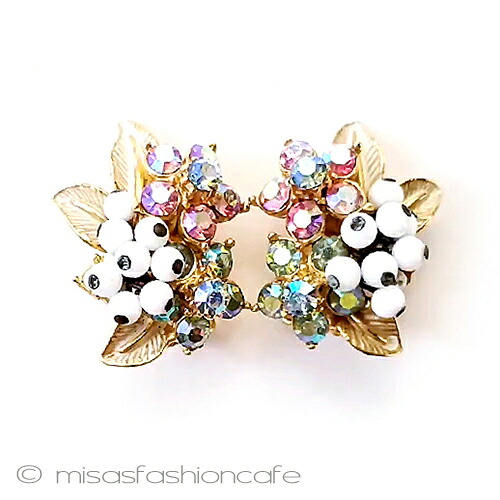 Florenza　フロレンザ　ヴィンテージヤリング　ミルクガラス　ラインストーンの花　ヴィンテージジュエリー　アンティーク　アクセサリー　Vintage・　コスチュームジュエリー　蚤の市　プレゼント　ギフト【海外直輸入USED品】