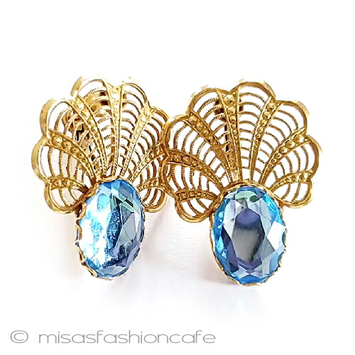 ミリアムハスケル　Miriam Haskell　イヤリング 　１ブルービジュー　ヴィンテージ　ビンテージ　Vintage・　アンティーク　アクセサリー　ヴィンテージコスチュームジュエリー　プレゼント　ギフト【海外直輸入USED品】