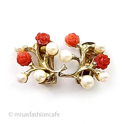 SWOBODA　スワボダ　真珠と珊瑚のバラの花イヤリング　ヴィンテージジュエリー　ビンテージ　Vintage・　アンティーク　アクセサリー　蚤の市　プレゼント　ギフト【海外直輸入USED品】