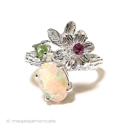 天然石オパール花　リング　スターリング　銀製　指輪　ヴィンテージジュエリー　　アクセサリー【 海外直輸入USED品】