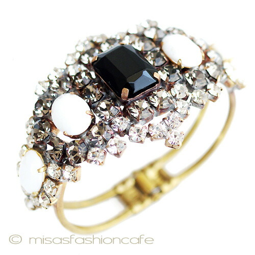 ヴィンテージジュエリー　ブラック×ミルクガラス　クリスタル　バングル　Vintage　アンティーク　アクセサリー　【海外直輸入USED品】