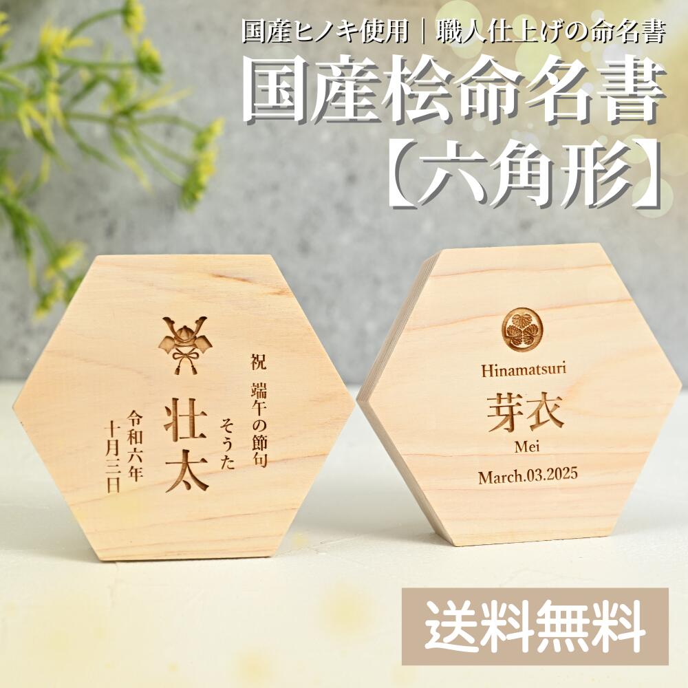 【日本製 国産ヒノキの木】名づける書（六角形）購入注文御手伝いさん 生み出すこと祝賀会 桃の節句 端午の節句 初節句 祝する品 今めかしい 可愛らしい 分かりやすい 字母 漢字 家紋 花 兜 五月あやつり人形 ひな祭り うしろ帯 御坊っちゃん 差し上げ物 和風 赤んぼう 新生児 愛玩動物 メモリアル
