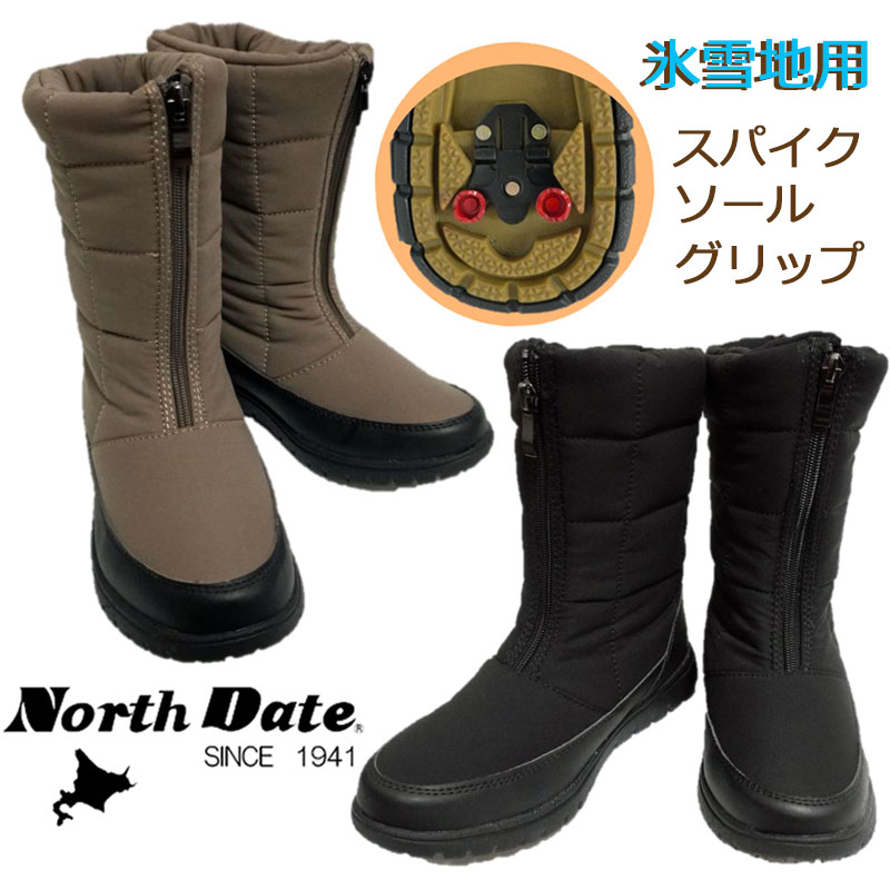 送料無料 ノースデイト North Date ブーツ 防寒 スパイク付き 耐水仕様 すべりにくい 暖かい ファスナー付き フリースミドル丈 裏起毛 軽量設計 撥水加工 防滑ソール 歩きやすい ３E レディース 婦人 靴