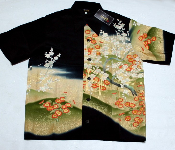 【即配】【25%OFFクーポン対象品】和柄留袖アロハシャツ「梅柄」size:M|和柄カジュアル工房 京都壬生堂