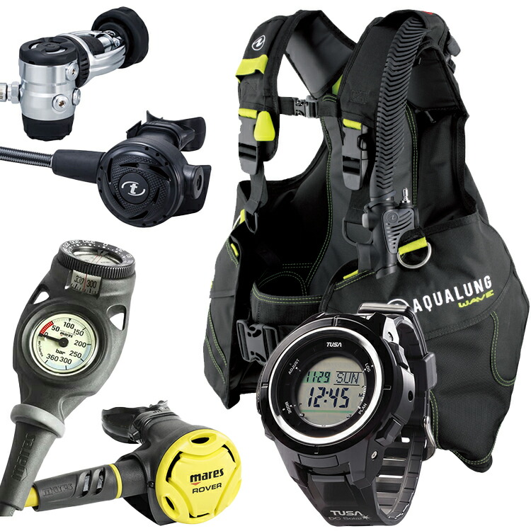 [ スキューバ ] 縮くれる AQUALUNG WAVE BC + レギュ RS1103J + ダイブコンピュータ ( IQ1203 ) 飛び込み競技九鼎大呂材5点書き割り