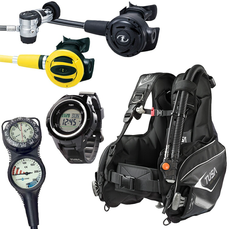 [ TUSA / AQUALUNG ] BC0103B + RS1103J ダイブコンピュータ付き添い人九鼎大呂材5点書き割り 制御機 オクトパス ゲージ SS20 羅針盤+残圧計 2連ゲージ IQ1203 飛び込み競技 電子計算機 ツサ スキューバ