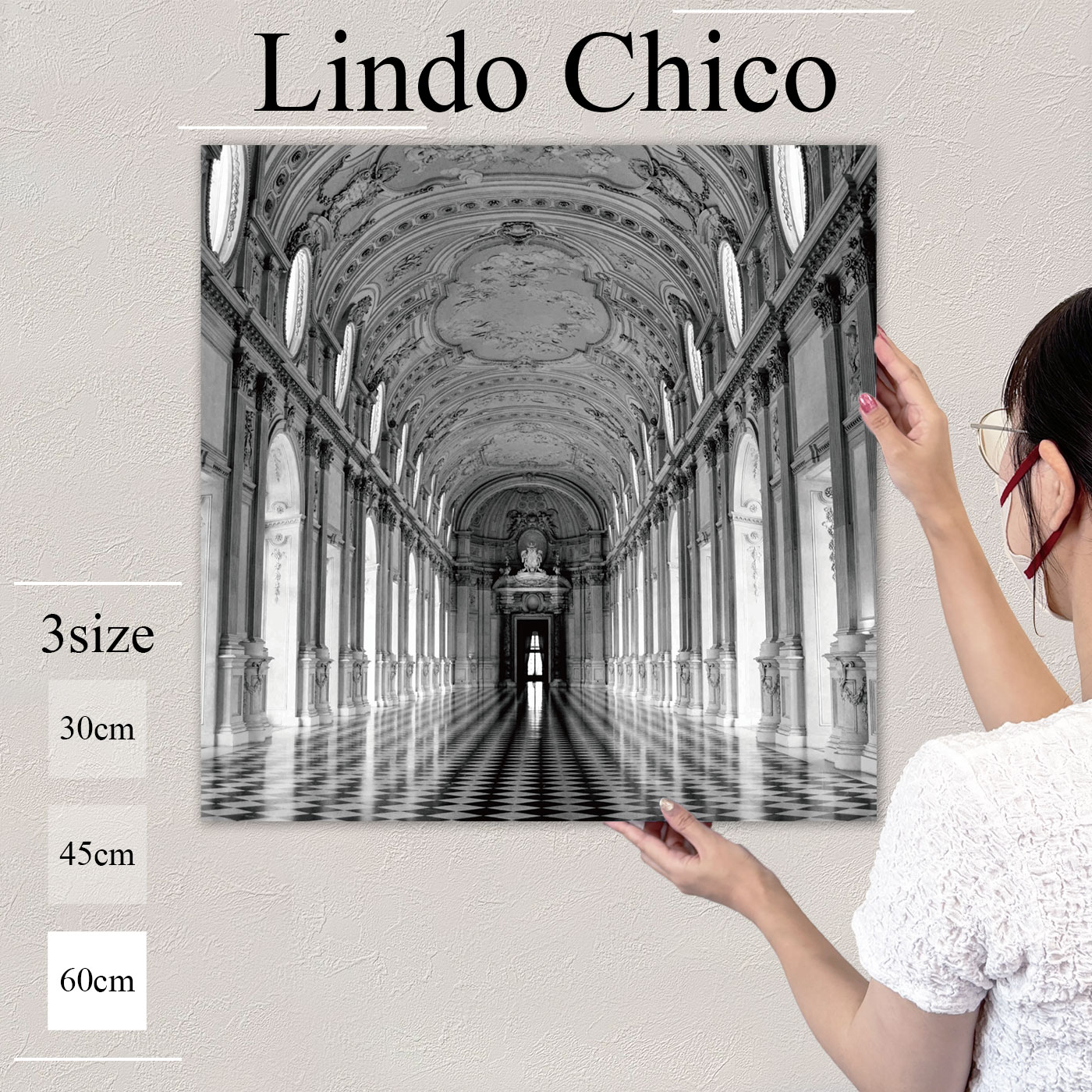 【※限定セール15%OFF※ クーポン有効期限 4/14 20:00～4/20 23:59まで！】インテリア 雑貨 絵画 壁掛け アートパネルモノクロ モノトーン おしゃれ 白黒 かっこいい シック 宮殿 世界遺産 建造物 北欧 デザイン アート 壁飾り 正方形 ファブリックパネルLindo Chico 60cm×