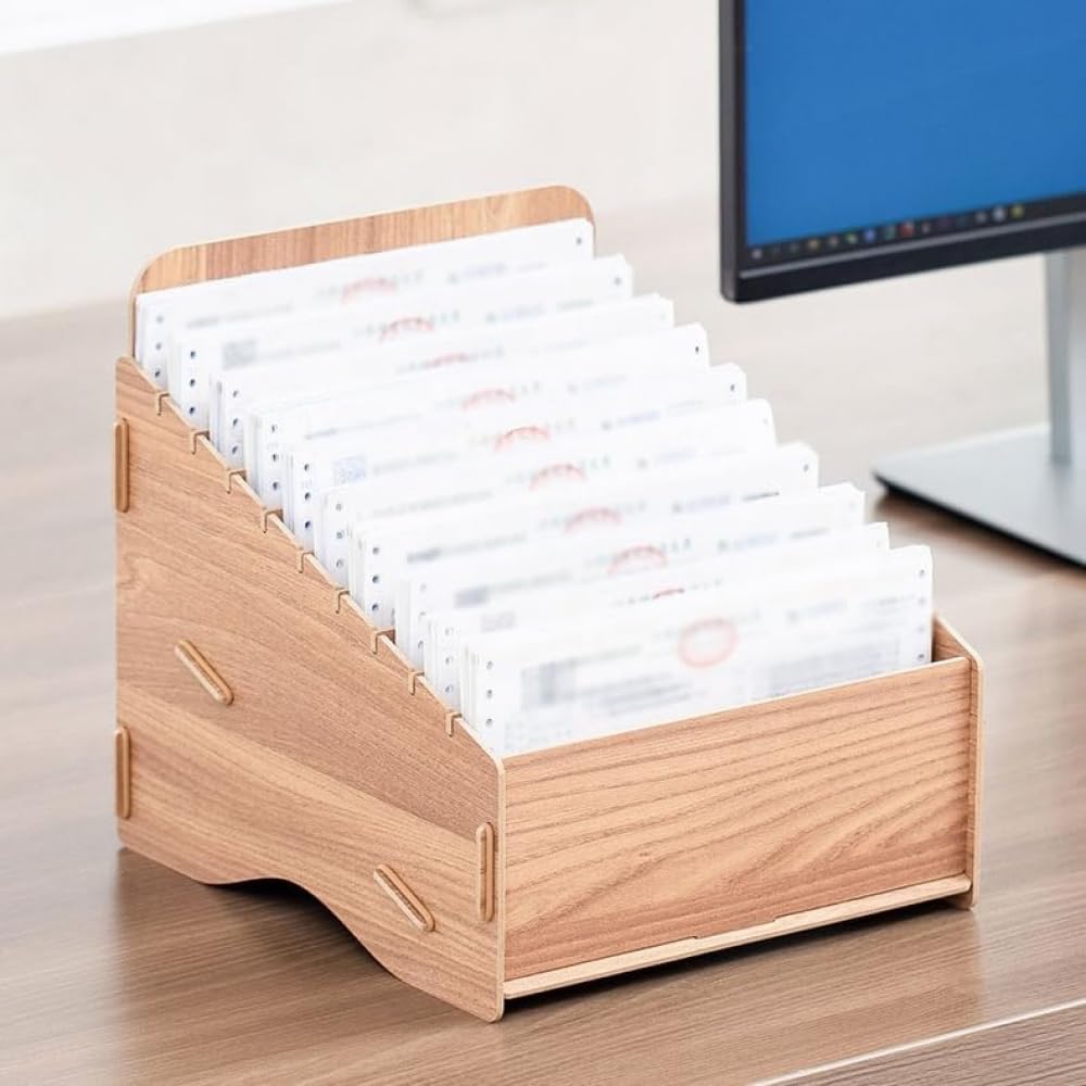 領収書 収納 ボックス 木製 10格 卓上 収納ラック 証憑 請求書 伝票 整理 整理棚 仕切り ケース レターケース ウッド調 おしゃれ コンパクト デスクオーガナイザー 事務用品 会計 経理 オフィス 家庭用 インテリア 組み立て式 手