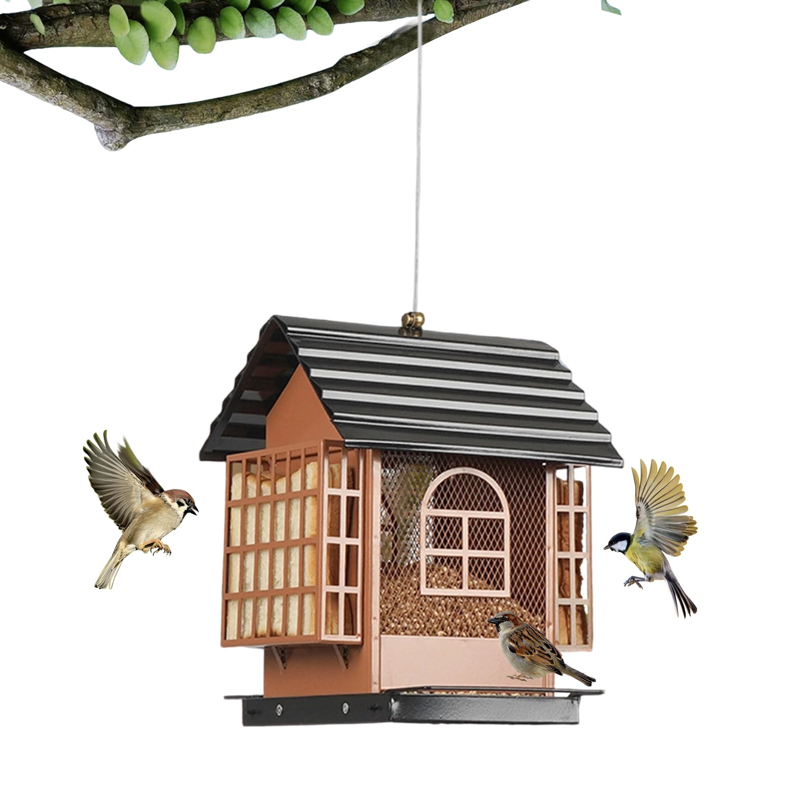 バードフィーダー 吊り下げ 鳥餌箱 大電気容量 メッシュ 鳥の餌入れ 鶏小屋型 今めかしい 雨合羽 露天 金属元素製 禽鳥 滋養物供給器 野鳥 見ること バードウォッチング 庭 園地 回廊 中庭 甲板 合財袋 園芸