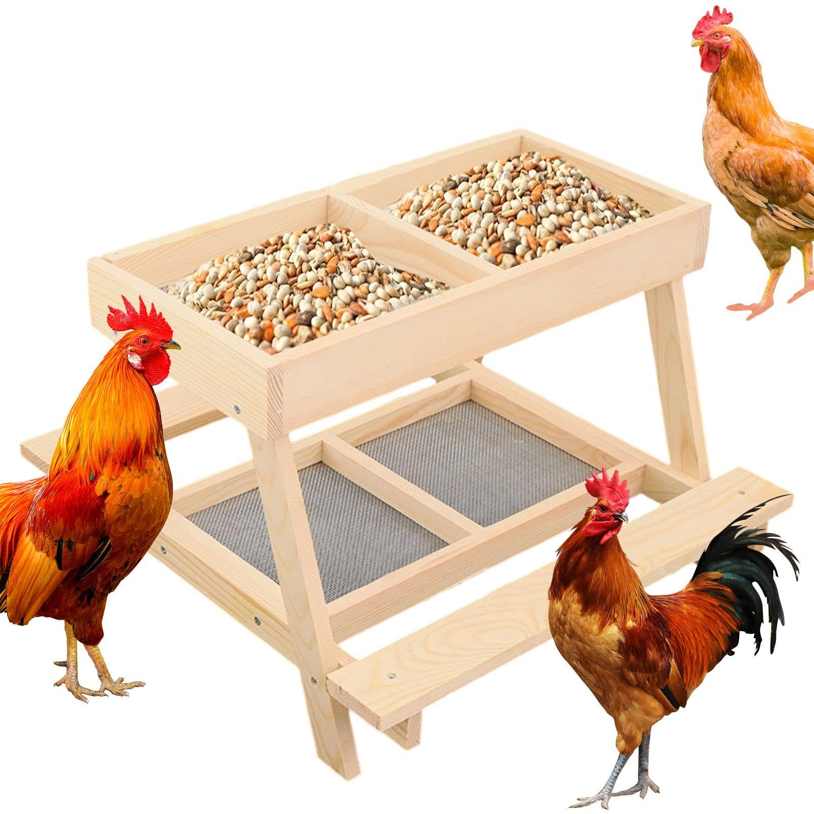 チキンフィーダー 2段 木製 食らわせる台 餌入れ 4取りわける 鶏 ひよこ 家鴨 家禽 鳥 栗鼠 餌台 ピクニック一覧表風 庭 鳥小屋 繁殖備品 朝市備品