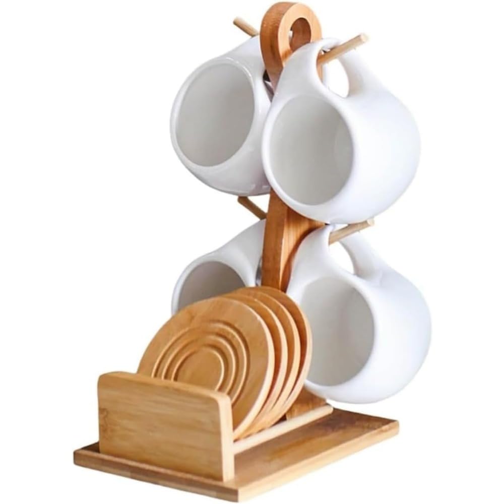 エスプレッソカップセット 磁器 コーヒーカップ＆ソーサー 木製コースター付き 200 カプチーノラテ用 ギフトプレゼント 家庭カフェオフィス用 (4個セット)｜michikostore