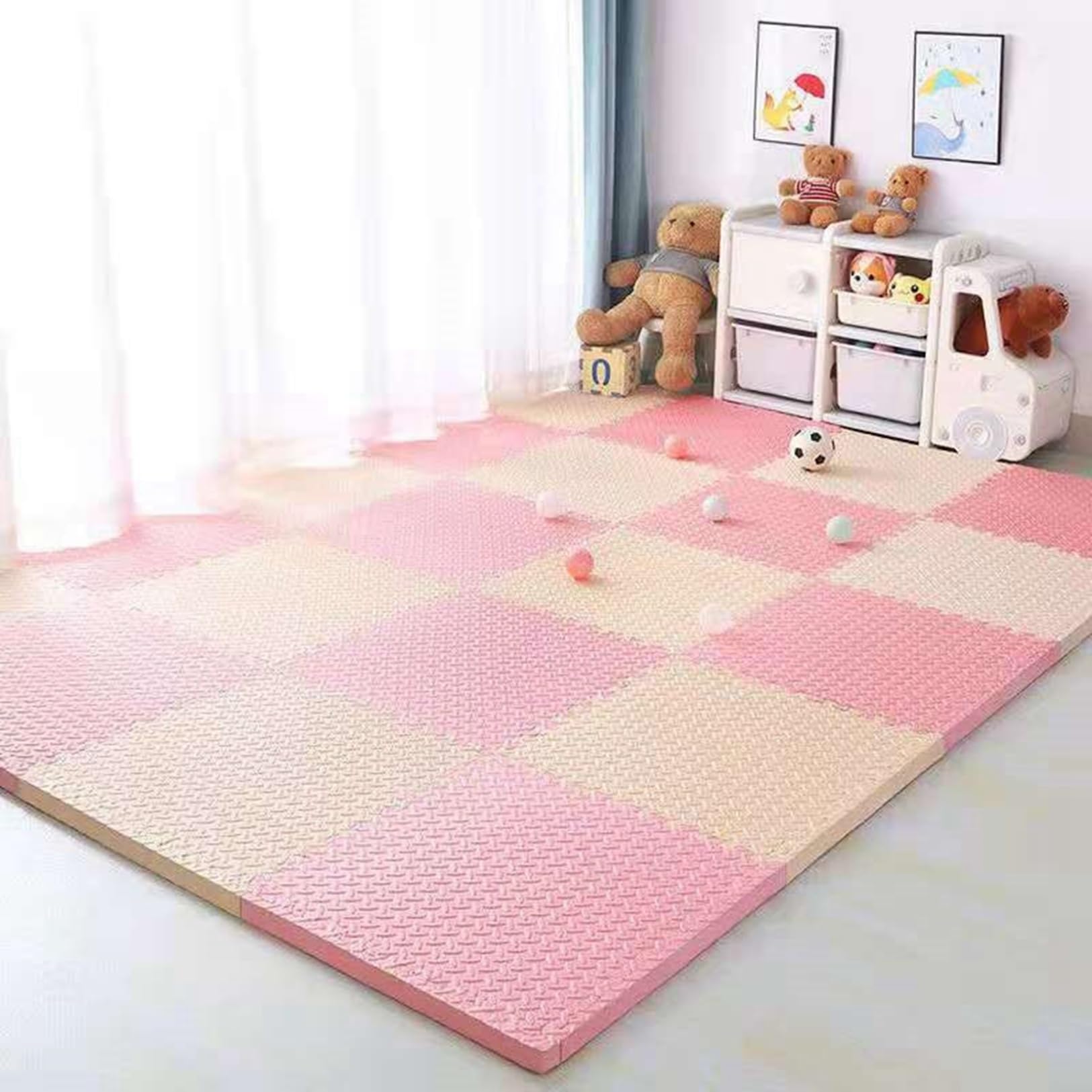 ジョイントマット 厚手 30*30*2.5 20枚セット 大判 防音 衝撃吸収 ソフト キズ防止 パズル クッション 撥水 汚れ防止 洗える タイル 縁あり 床保護 インテリア 子供部屋 (60*60*1.2(12枚セット),ベージュ+ピンク) |michikostore