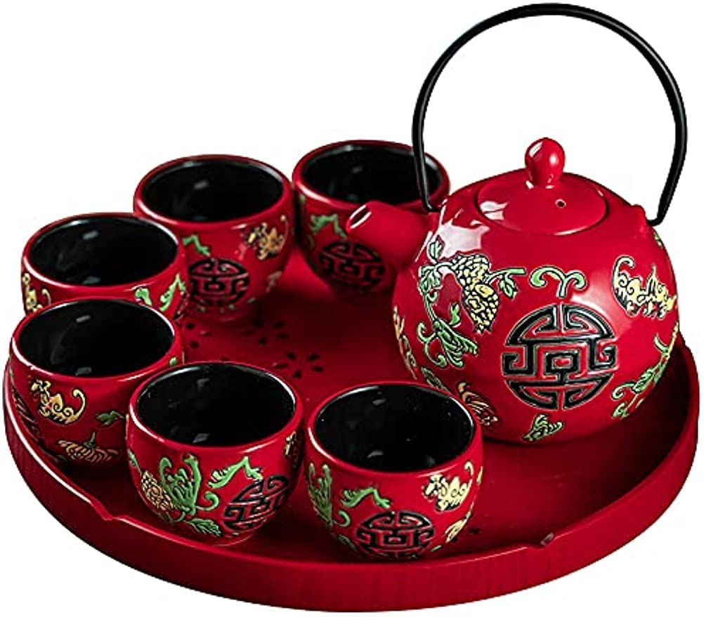 結婚式のお茶の贈り物のための6カップのティーポットとティートレイを備えた中国の結婚式の赤い磁器ティーセット｜michikostore