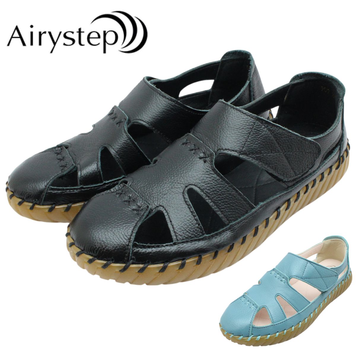 Airystep エアリーステップ レディース レザー グルカサンダル 909 本革 ぺたんこ ローヒール 歩きやすい