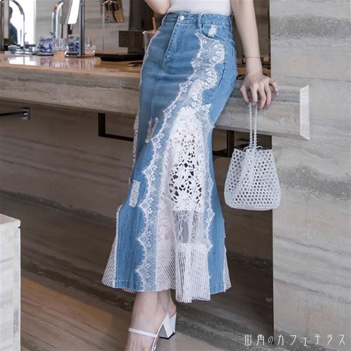大人可 かわいい デニム 薄手生地 シースルー 透け感 ドッキング 異素材切り替え マキシ ロング フレア Aライン ロングスカート