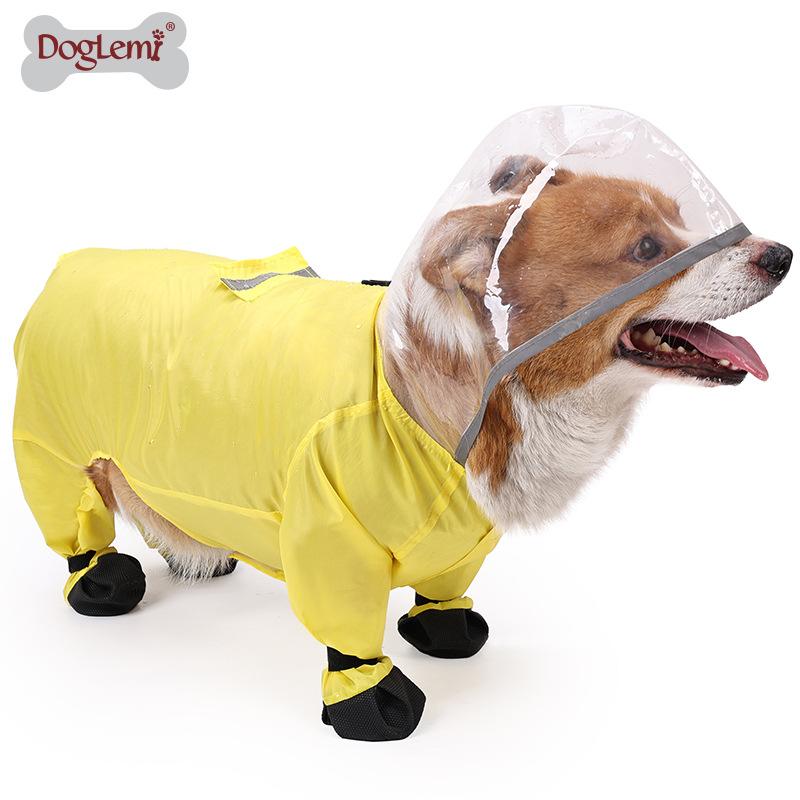 小型犬 中型犬 透明フード付き 防水 散歩用 反射材付き ペット用雨具 黄色3