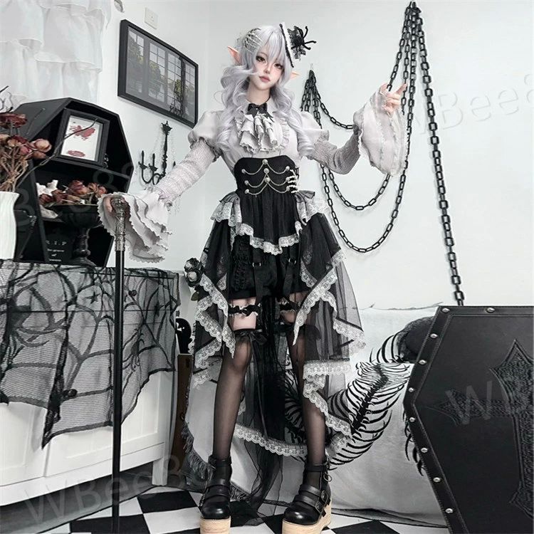 コス フリル 長袖 暗黒風 ゴスロリ レディース フィッシュテール コスチューム レトロ風 スケルトン風 リボン スカート ブラウス