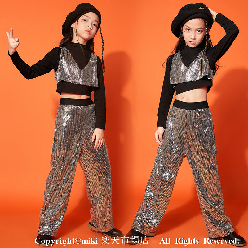 HIP シルバー原宿系 スパンコール ジャズダンス衣装 ダンス衣装 Tシャツキッズ ヒップホップ キッズ 衣装 スパンコール シルバー