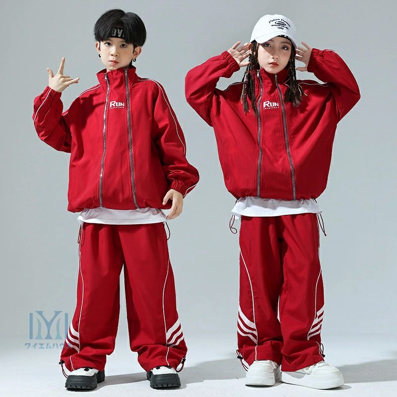 女の子 ロングパンツ レッド 赤 ダンスパンツ 長袖トップス ウィンドブレーカー hiphop セットアップ ヒップホップ ダンス衣装