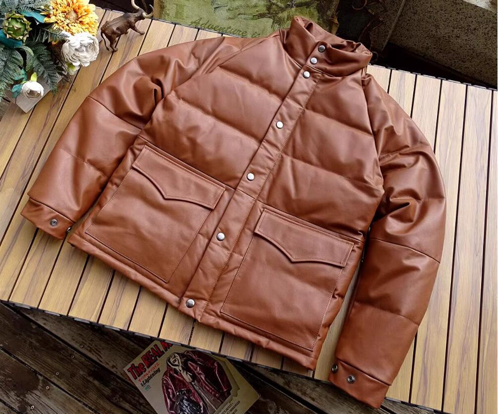 秋冬 新品　レトロ　暖かい　本革 羊革　メンズライダースジャケット 革ジャン ダウンジャケット　M～5XL　ブラウン｜midori1020
