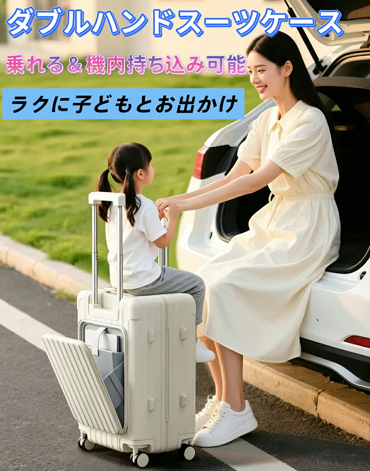 子供が乗れる スーツケース機内持ち込み キャリーオンラゲージ ダブルハンドルスーツケース ネットポケット付き ハードシェル スピナーホイール カップホルダー 大容量 多機能 キャリーバッグ 耐衝撃 静音 360度回転｜メルシィショップ