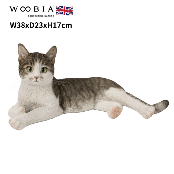 置物 左向きに横たわるサバトラ白猫 ネコ 横幅38cm woobia ウービア 大きい かわいい おしゃれ ガーデン インテリア オブジェ 巨大 可愛い プレゼント 北欧 玄関 雑貨 動物 モダン 面白い 庭 ギフト 屋外 家 リアル 玄関先 ガーデンオーナメント