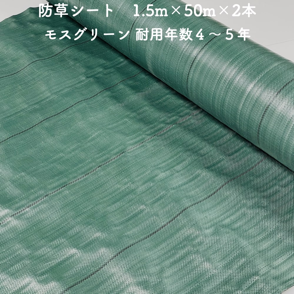 【個人宅配送可】 防草シート 1.5m×50m 2本セット 耐久年数4年から5年 モスグリーン 抗菌剤 UV剤入り 人工芝の下に 除草シート 雑草防止シート 雑草対策 農業資材 太陽光発電 庭 マルチング 作物 野菜 果物 畑 農業 農園 農家 園芸|クラピア・観葉植物専門店ミドリス